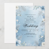 Invitation Icy Blue Floral Frame Wedding (Devant / Derrière)