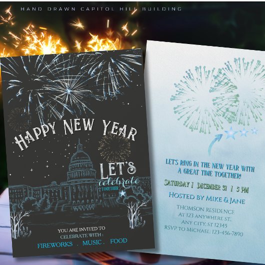 Invitation Icy Blue New Year's Party with Fireworks Capital