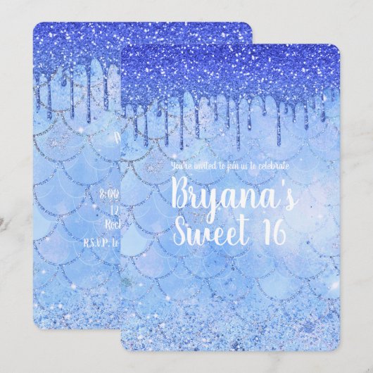 Invitation Icy Blue Parties scintillant Drip Mermaid Sweet 16 (Devant / Derrière)