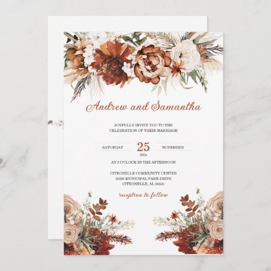 Invitation Idées Mariages Orange Et Verte Brûlées (Devant / Derrière)