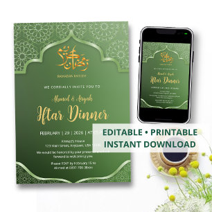 Invitation Iftar au motif géométrique islamique vert élégant