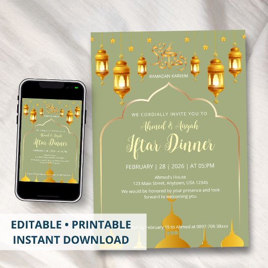 Invitation Iftar de Mosquée Élégante Vert Sauge et Or
