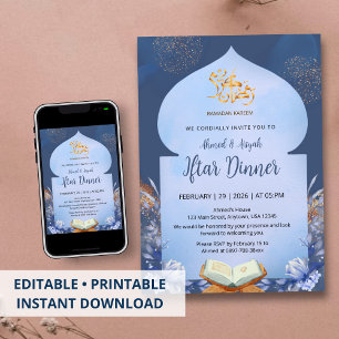 Invitation Iftar et Coran aquarelle bleue spiritue