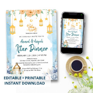 Invitation Iftar florale à l'aquarelle bleue éléga