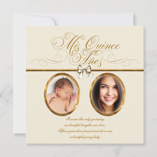Invitation Iivoire Beige Or photo Quinceanera (Devant)