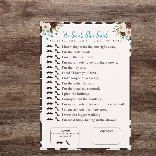 Invitation Il a dit, elle a dit Jeu de baby shower bohème