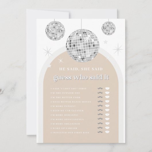 Invitation Il a dit, Elle a dit Silver Disco Bride Game Card (Devant)