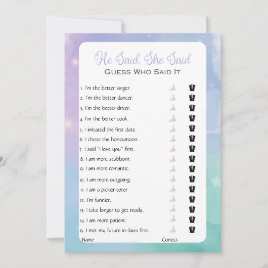 Invitation Il A Dit Qu'Elle A Dit Fête des mariées Game (Devant)