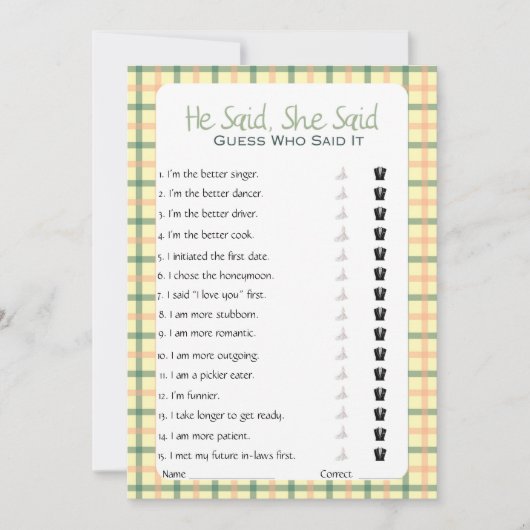 Invitation Il A Dit Qu'Elle A Dit Fête des mariées Game (Devant)