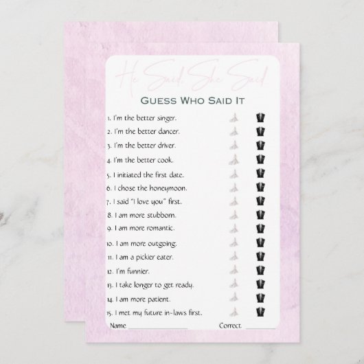 Invitation Il A Dit Qu'Elle A Dit Fête des mariées Game (Devant / Derrière)