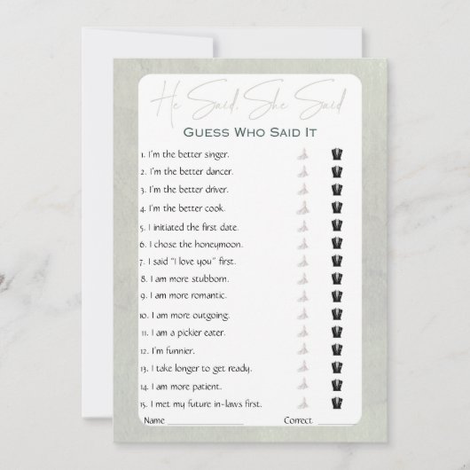 Invitation Il A Dit Qu'Elle A Dit Fête des mariées Game (Devant)
