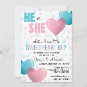 Invitation Il/Elle Coeurs rose et bleu Révéler le genre Douch