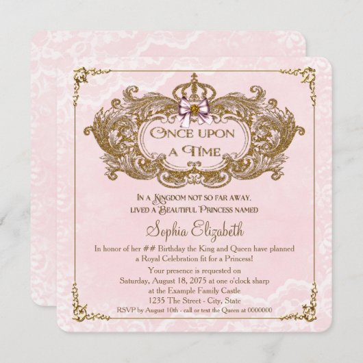 Invitation Il était une fois filles princesse fête d'annivers (Devant / Derrière)