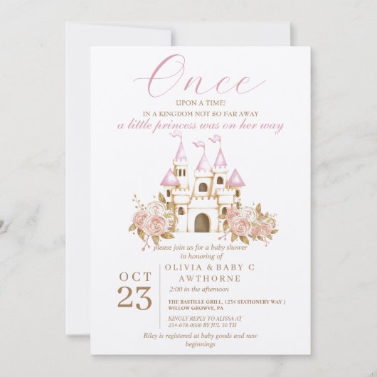 Invitation Il était une fois Pink Castle Princess Baby shower (Devant)