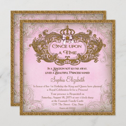 Invitation Il était une fois princesse anniversaire (Devant / Derrière)