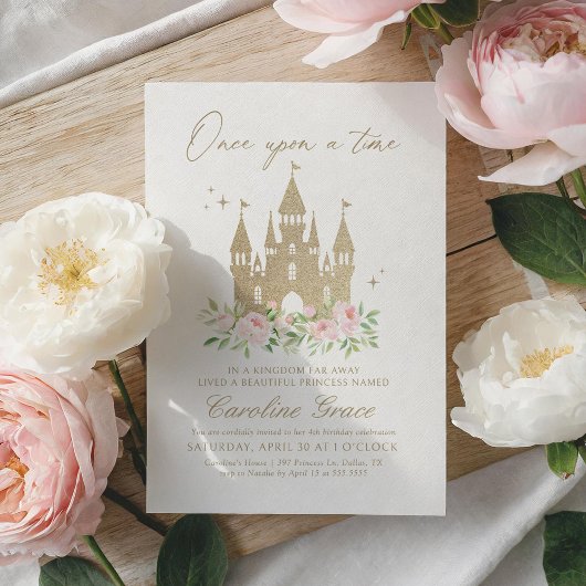 Invitation Il était une fois rose Floral Princesse Anniversai