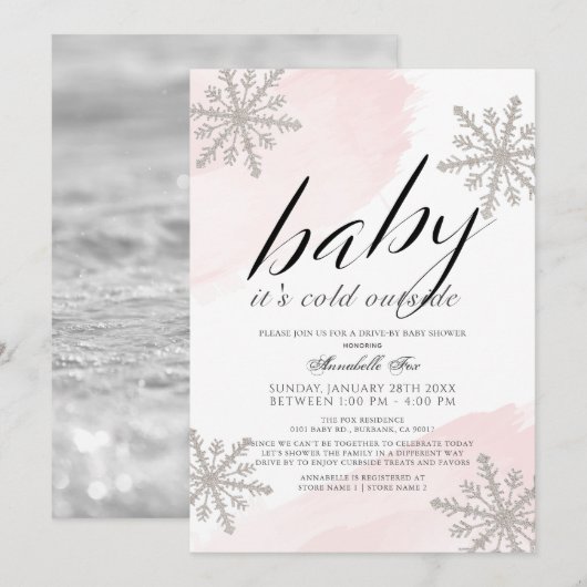 Invitation Il fait froid à l'extérieur de Baby shower rose Dr (Devant / Derrière)