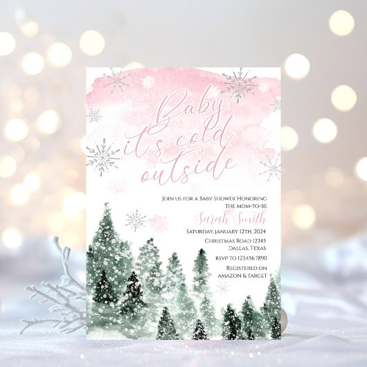 Invitation Il fait froid dehors Baby shower de fille rose hiv