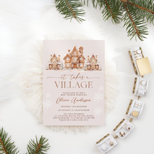 Invitation Il faut un Baby shower d'hiver de village
