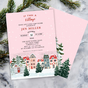 Invitation Il faut un village baby shower rose d'hiver