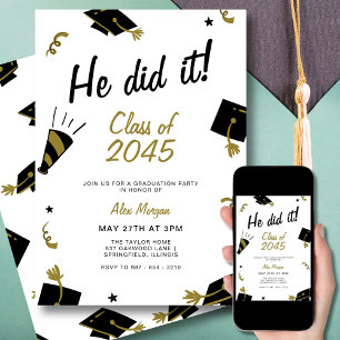 Invitation Il l'a fait Fête de fin d'études Moderne Noir et O