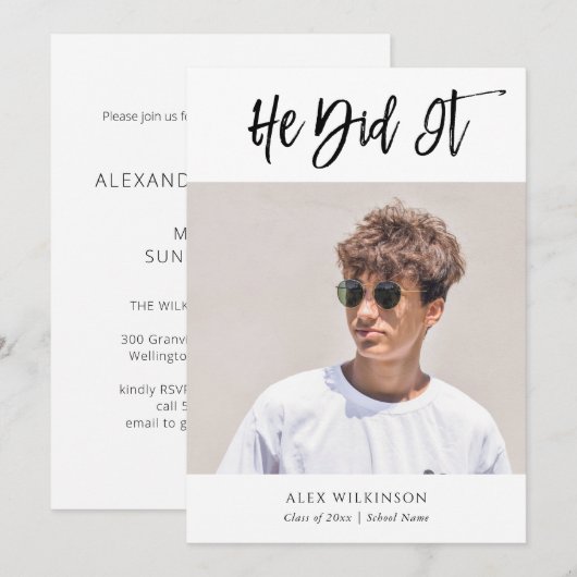 Invitation Il L'A Fait Moderne Calligraphie Photo Graduation (Devant / Derrière)