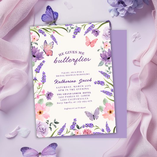 Invitation Il me donne des papillons Lavender douche nuptiale