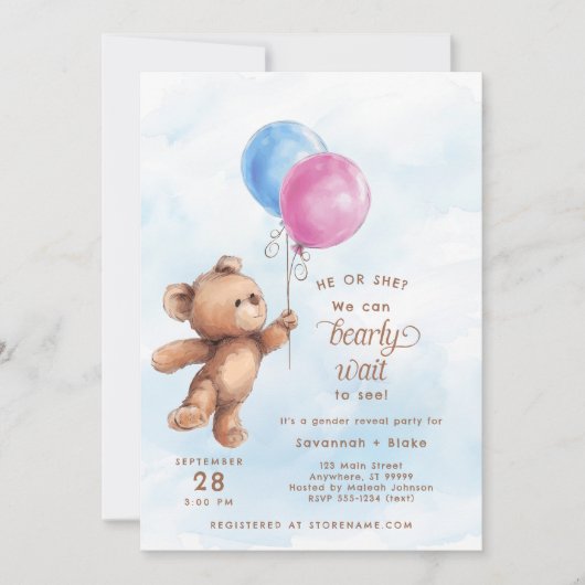 Invitation Il ou elle attend bébé Teddy Ours Genre Reved (Devant)