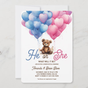 Invitation Il ou Elle Ballons Roses Bleus Ours Révélation du