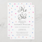 Invitation Il Ou Elle Bleu Coeurs Roses Fête de Révélation de (Devant / Derrière)