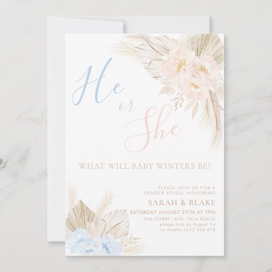 Invitation Il ou Elle Boho Rose Bleu Révélation du Sexe (Devant)