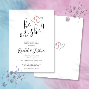 Invitation Il ou Elle Cœurs Bleus Roses Fête de Révélation du