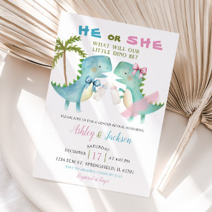Invitation Il ou elle Dino avec rose bleu Bow Révélation de g