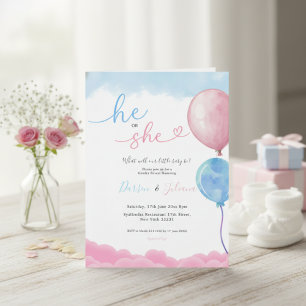 Invitation Il ou Elle Jolis Ballons Roses et Bleus Révélation