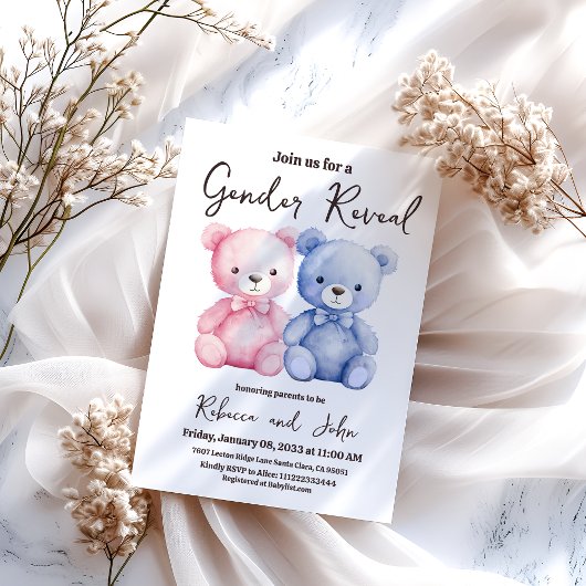 Invitation Il ou Elle Ours Bleu et Rose Fête de Révélation du