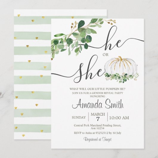 Invitation Il ou elle White Citrouille Genre Revela (Devant / Derrière)