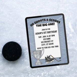 Invitation Il tire, marque le grand un, Hockey 1er anniversai