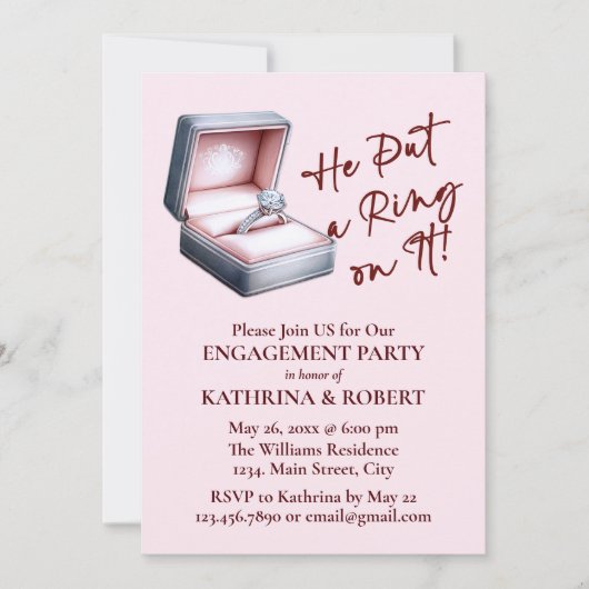 Invitation Il Y A Mis Une Bague ! Parti d'engagement rose (Devant)