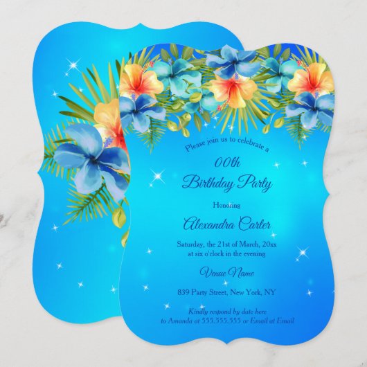 Invitation Île Blue jaune Hibiscus Tropical Floral Party (Devant / Derrière)