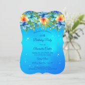 Invitation Île Blue jaune Hibiscus Tropical Floral Party (Debout devant)