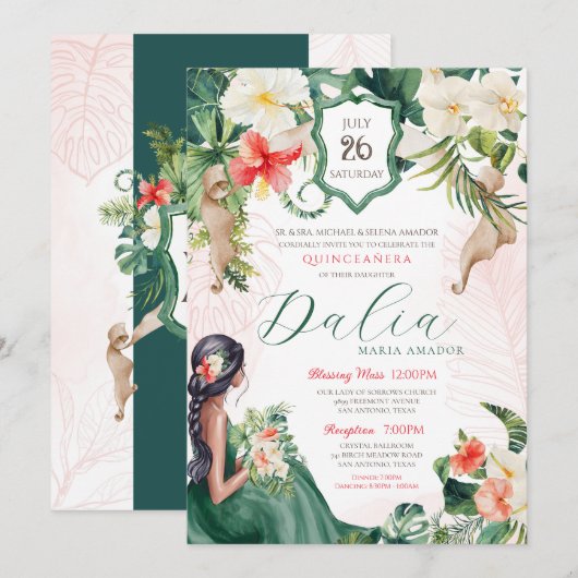 Invitation Île tropicale Emerald Green Floral Quinceañera (Devant / Derrière)