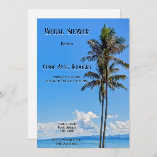 Invitation Ile tropicale, Palmiers, Mer Bleue, Mariée, (Devant / Derrière)