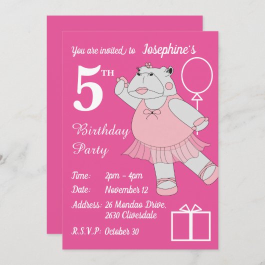 Invitation illusima Ballerina Hippo rose fête d'anniversaire (Devant / Derrière)