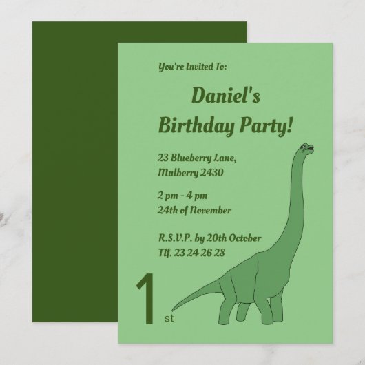 Invitation illusima Green Long Cou Dinosaur Garçons Anniversa (Devant / Derrière)