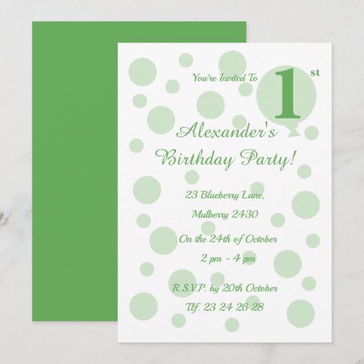 Invitation illusima Green Spots and Dots Boys 1er anniversair (Devant / Derrière)