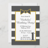 Invitation illusima Gris Gold Stripy Boys Bow fête d'annivers (Devant)