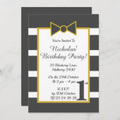 Invitation illusima Gris Gold Stripy Boys Bow fête d'annivers (Devant / Derrière)