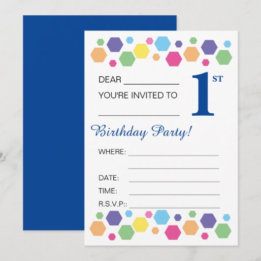 Invitation illusima Hexigons, Bleu foncé, 1er anniversaire (Devant / Derrière)