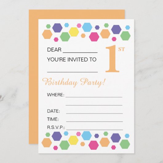 Invitation illusima Hexigons, orange, 1er anniversaire (Devant / Derrière)