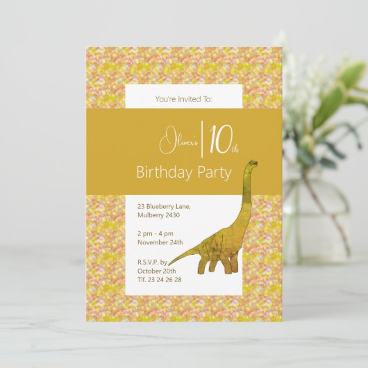 Invitation illusima Long Cou Dinosaure Jaune 10e anniversaire (Debout devant)